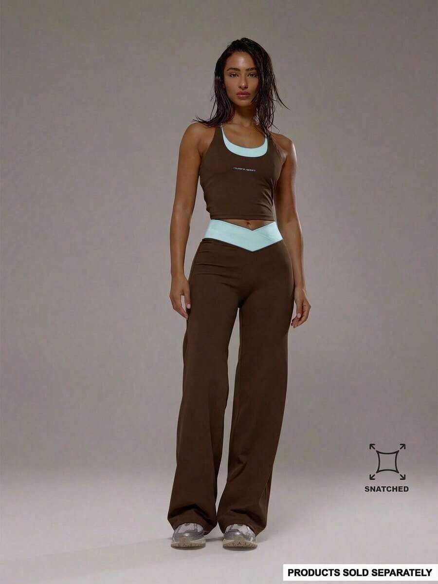 Sport Pantalones de yoga con cintura cruzada y capas, conjunto deportivo solo para actividad, entrenamiento, gimnasio, pilates, fitness, uso diario casual, cuarzo ahumado, verano, vacaciones - Marrón Chocolate - Ver 1