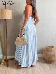 Đầm chữ A hở lưng thanh lịch dành cho nữ, đầm slip bằng vải dệt kẻ sọc xanh trắng. - Xanh và trắng - Xem 3
