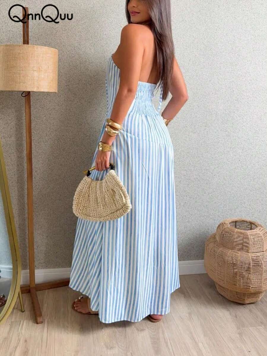 Vestido de tirantes finos y espalda descubierta de línea A elegante para mujer, vestido de tirantes de tela tejida a rayas azul y blanco para fiesta