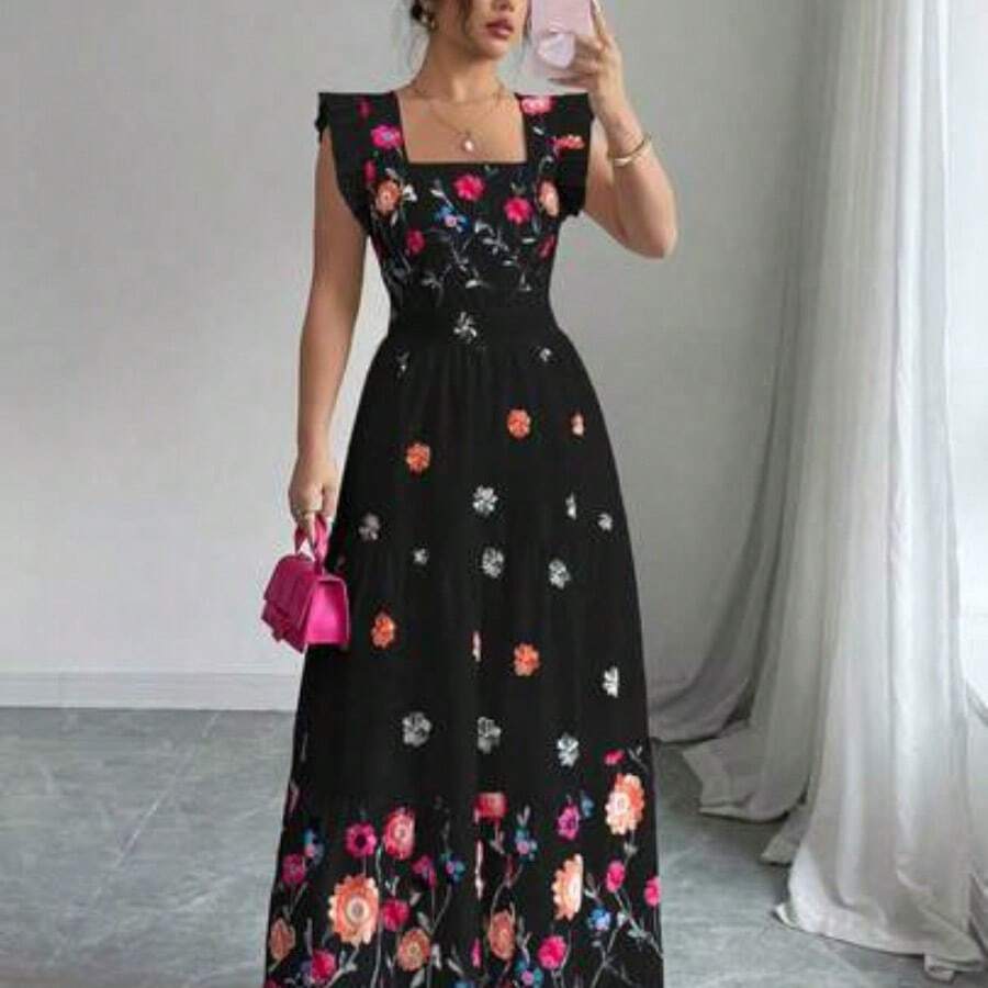 Elenzya Women's Colorful Print Cinched Waist Square Neck Cap Sleeve Casual Vacation Style Dress - Negro - View 1
