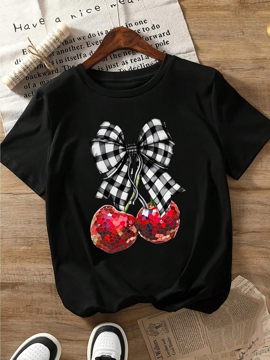 1 pieza de camiseta casual Wo con estampado de lazo de cereza - top de manga corta y cuello redondo, adecuada para uso casual en primavera y verano, camiseta lavable a máquina, ideal para uso diario y para combinar con otras prendas, camiseta no básica, 180g 100% algodón. - Negro - Ver 1