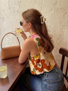 Camiseta de mujer elegante con estampado floral diminuto, adecuada para uso diario y casual de verano en vacaciones - Multicolor - Ver 4