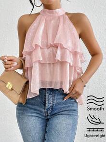 Blusa de chifón asimétrica con cuello holgado y volantes, top con volantes, top marrón oscuro - Rosa - Ver 5