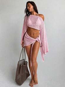 Conjunto de 2 piezas de mujer para primavera/verano con textura de jacquard, blusa tipo chal y minifalda de estilo envolvente, ropa de playa/resort para mujer - Rosa Pálido - Ver 4