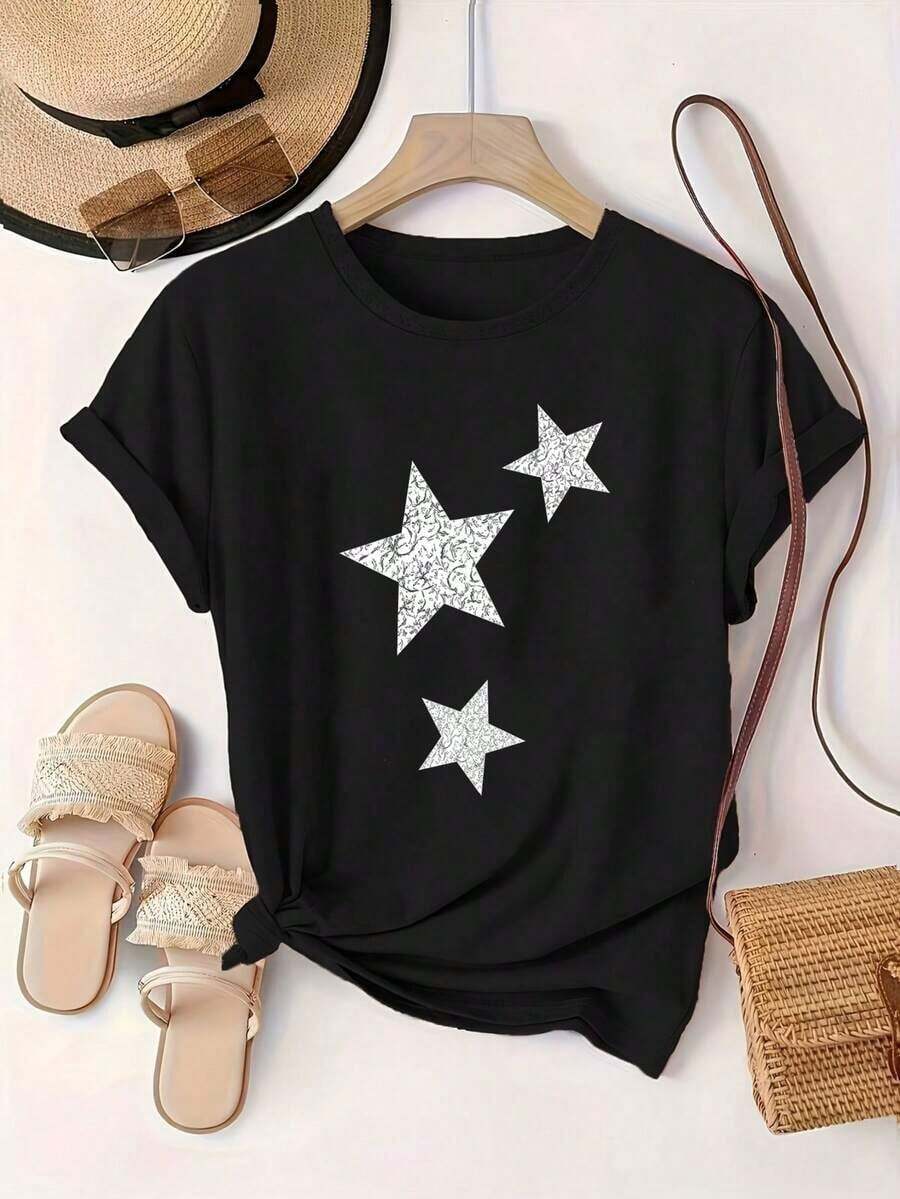Women's Cotton T-Shirt With Round Neck And Graphic Print, Available In Black And White, Featuring A Silver Star Print Design, Casual Wear, Loose-Fitting Short-Sleeved T-Shirts For Spring, Basic T-Shirts For Summer, Clothing Gift For Women. - 黑色 - 查看 1