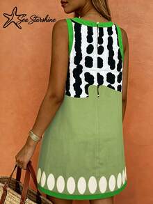 Starfish Shiny Sleeveless Vacation Dress, Colorful Fish & Letter Print Inspired By Ocean, For Spring/Summer Elegant - Green - View 8
