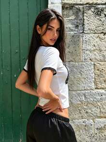 Áo thun mùa hè kiểu dáng thường ngày, viền ren, in chữ. - trắng - Xem 5