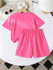 2pcs/Set Teenage Girls Round Neck Short Sleeve T-Shirt With Capybara Print + Cartoon Shorts, Summer Girls Outfit - Hot Pink - View 3