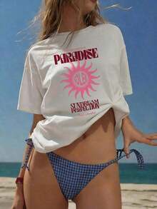 [Entrega Local]Playera Para Mujer [Entrega Local]Playera Para Mujer Camiseta holgada estilo Y2K para mujer, ligera y cómoda con cuello redondo, estampado gráfico de sol rosa "Paradise The Sun Came Up In Soleil", estilo retro urbano popular de INS, uso diario casual para escuela, picnic, festival de música, envío gratis. - Blanco - Ver 8