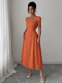 Vestido largo con cuello cuadrado, mangas cortas, cintura fruncida y estampado de lunares elegante para mujer - Naranja - Ver 3