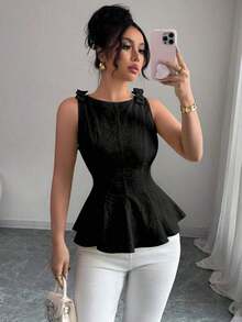blusa de mujer con estampado floral de textura tejida, con tirantes con lazo, diseño de dobladillo con volantes en la cintura, elegante y versátil para vacaciones y uso casual - Negro - Ver 6