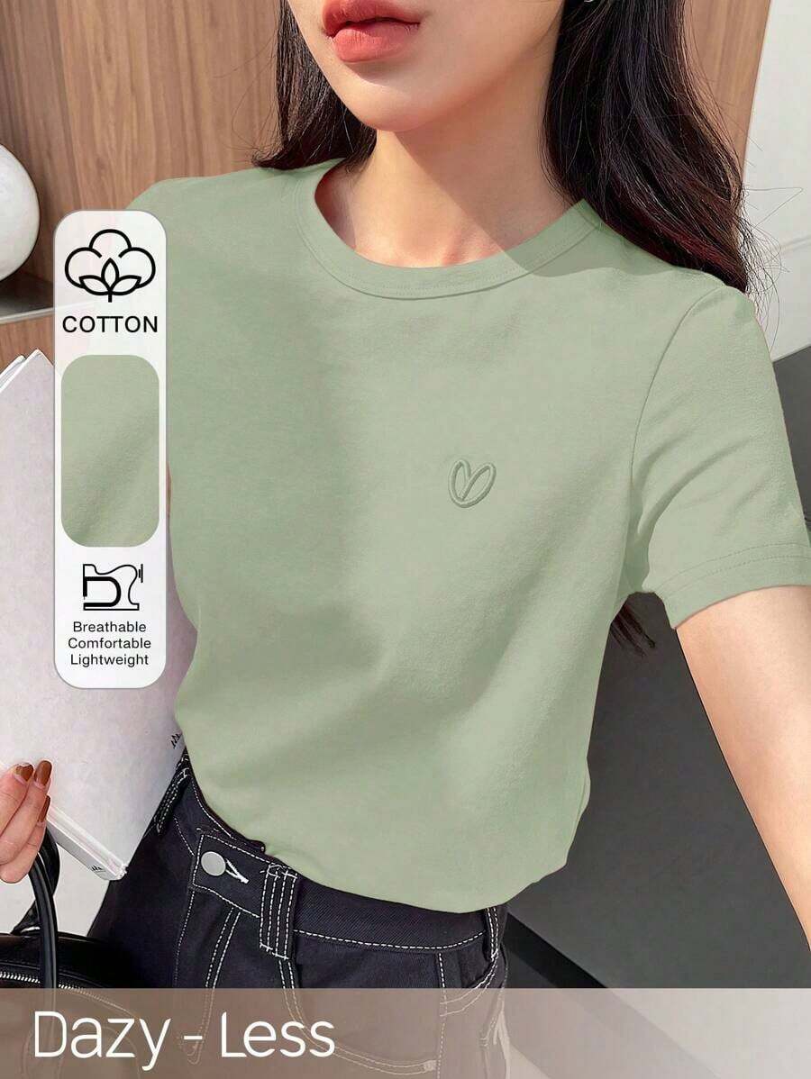 Y2K Style, Fashionable Style, Newest 2026 Style, Cute Style, Casual Style. Women's Short-Sleeved T-Shirt With Embroidered Heart And Letter Design For Valentine's Day, Casual And Work Style. 180g (S-XXXL) - 薄荷綠 2 - 查看 1