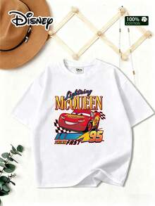 [Disney] Women's T-Shirt, Men's And Women's Short Sleeve, Featuring The Pattern "Disney 'Flash McQueen'", 100% Pure Cotton, Comfortable And Breathable, Suitable For Summer Leisure, Vacation, Play, Daily Wear, Suitable For Both Men And Women, Cartoon Print T-Shirt - 白色 - 查看 1