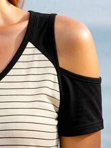 Blusa de manga corta con hombros descubiertos, diseño de cuello en forma de corazón, estampado de rayas y parches de unicolor, apropiada para primavera/verano, uso casual y laboral - Negro - Ver 3