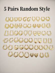 1/5/10/15 Pairs Minimalist Elegant Gold Tone Earring Set, Unique Design Daily Personalized C-Shape, U-Shape, Hoop, Heart, Asymmetrical Geometric, Smooth, Textured Earrings, Assorted Styles Random Mix - Gold - View 11