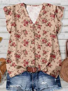 Camisa casual de vacaciones para mujer, diseño minimalista adecuado para el verano, blusa con estampado floral diminuto, camisa de verano para mujer, conjunto de vacaciones para mujer - Multicolor - Ver 4