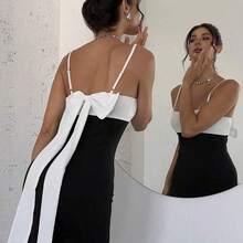 Women's Elegant Minimalist Exquisite Romantic Sweet Wedding Ceremony Party Vacation Backless Colorblock Bow Decor Black & White Spaghetti Strap Long Dress, Spring/Summer,Party Dress Fashion Clothing Summer Outfits Spring Outfits For Women  Wedding Guest Dress  Summer Holiday - Blanco y Negro - Ver 2