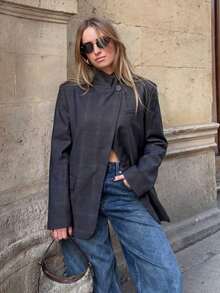 Chaqueta de mujer con estampado de cuadros, chaqueta corta suelta de manga larga con cuello alto y un solo botón, adecuada para la oficina, el transporte y el uso diario en color negro - Negro - Ver 2