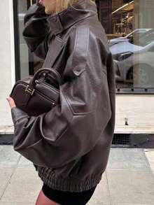 Chaqueta de cuero de textura de lichí versátil y minimalista de estilo europeo y americano para mujer, de alta gama, para el otoño/invierno - Marrón - Ver 3