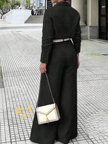 2 piezas Conjunto elegante de verano para mujer, conjunto casual de verano ajustado, incluye camisa tipo cárdigan y pantalones de pierna ancha con cintura elástica, adecuado para el Día de San Patricio y la primavera - Negro - Ver 4