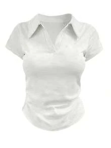 Camiseta casual versátil de mujer con cuello y mangas cortas plisadas - Blanco 2 - Ver 4