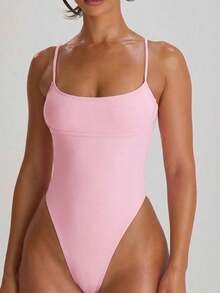 Resort Traje de baño con cuello recto, tirantes y corte alto en la pierna, tipo cheeky.Traje de baño básico unicolor para vacaciones, verano y viajes a la playa. - Rosa - Ver 2