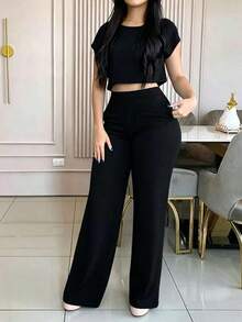 Conjunto casual y elegante de 2 piezas de unicolor con bolsillo, primavera/verano negro para mujer - Negro - Ver 3