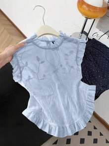Camisa sin mangas de mujer con bordado y volantes - Celeste - Ver 3