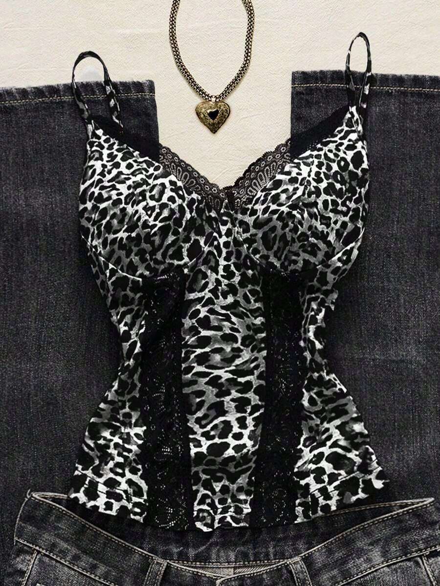 Top de camisola con parches de encaje y estampado de leopardo sexy para vacaciones de verano - Blanco y Negro - Ver 1
