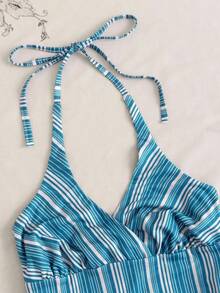 Camiseta de mujer de unicolor con cuello de halter plisado y lazo, versátil para vacaciones y citas - Celeste - Ver 3