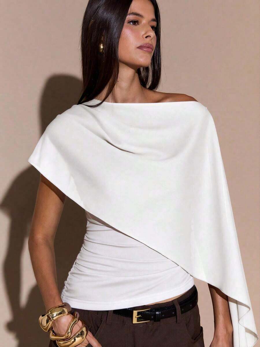 Blusa de punto con cuello anudado y hombro asimétrico, suéter elegante y ajustado, otoño/invierno - Blanco - Ver 1