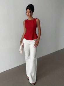 sin mangas elegante para ir a la oficina, diseño minimalista, casual de negocios para mujer, ropa de oficina, salir, para maestras, blusa casual para mujer, blusa social para mujer - Rojo - Ver 3