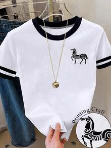 Camiseta de mujer casual de cuello redondo y manga corta con estampado de lazo - Multicolor - Ver 6