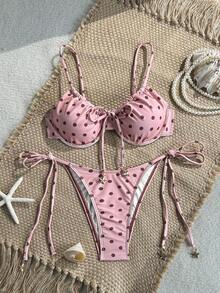 Conjunto de bikini para mujer con top de tirantes con aros y sujetador push-up con estampado digital y Bottom con lazos laterales, para primavera/verano - Rosa 2 - Ver 3
