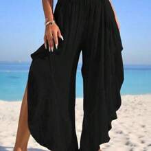 Swim Vcay Summer Outfits For Women 1pc Solid Color Ruffle Trim Sheer Beach Cover Up Pants Summer - Negro - Ver 1
