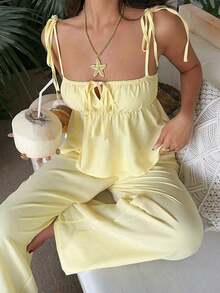Conjunto de 2 piezas de camiseta de tirantes y pantalones con estampado de lunares, estilo casual de primavera para mujer. Conjunto de 2 piezas de lunares lindo para verano. Conjunto de 2 piezas de lunares para Halloween. - Amarillo - Ver 8
