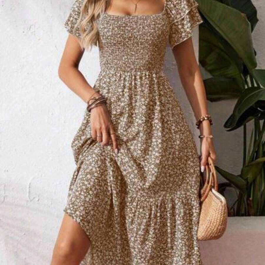 Square Neck Ditsy Floral Casual Summer Short Sleeve Dress Maxi Vacation Beach Outfits Women - Marrón - Ver 1