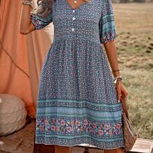 Women Short Puff Sleeve Dress With Floral Print, Button Decoration And Vacation Style For Summer Vacation Beach Outfit - Verde - Ver 5