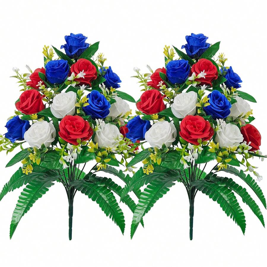 Memorial Day Cemetery Flower Bouquet, Red White Blue Artificial Flowers, Patriotic Cemetery Decor, Suitable For Veterans, Outdoor Realistic Flower Bouquet For Gravestone Vase, Wind-Resistant Memorial Flower Bouquet (Vase Not Included) - Multicolor - View 1