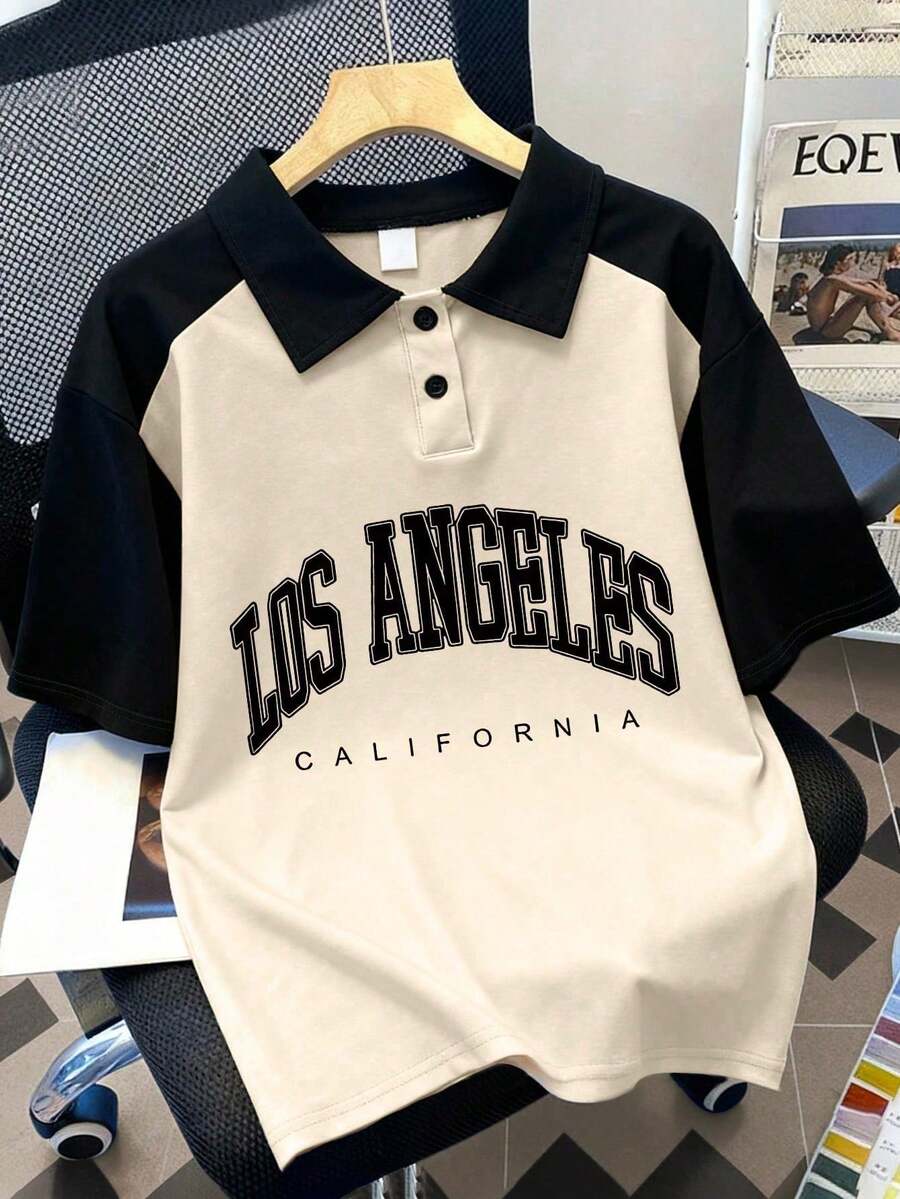 青少年女孩復古洛杉磯字母印花 Polo 衫,短袖上衣,適合夏季與秋季校園季,適合返校穿著 - 杏色 - 查看 1