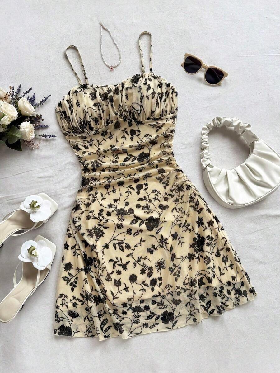 Vestido mini de línea A con tirantes de espagueti rosa y romántico Ditsy Floral para mujer, adecuado para fiesta, cita, San Valentín, Pascua, carnaval, crucero por la playa, Afternoon vestido de moda para té, primavera/verano - Amarillo claro - Ver 1