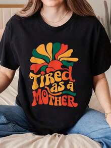 Tops de mujer Funny Tired As Mother Retro Vintage Mom Life Mother Hood T-Shirt.Jpg Camiseta gráfica para mujer, top casual con estampado gráfico, manga corta, cuello redondo, 100% algodón, la elección perfecta para vacaciones, para usar en todas las estaciones, tops de verano. - Negro - Ver 1