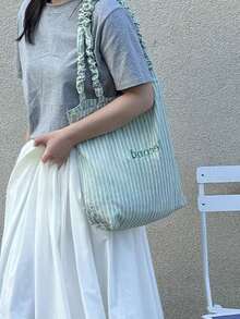 韓式甜美條紋女款托特包，休閒斜挎包，大容量刺繡單肩包，學生手提包 - 彩色 - 查看 13