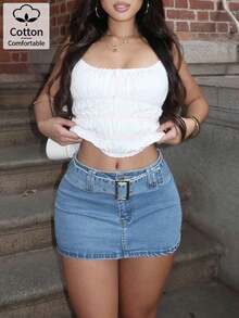 Falda vaquera casual de línea A con presillas para cinturón, falda de moda para primavera/verano - Lavado ligero - Ver 10