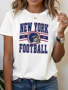Mother's Day Set, American Football, New York 19-25, Football Text Print, Women's Short Sleeve Crew Neck T-Shirt, Casual Urban Wear, Holiday Gift, Outfit For Friends Gatherings, Must-Have For Sports Fans, Women's Tops - 白色 - 查看 7