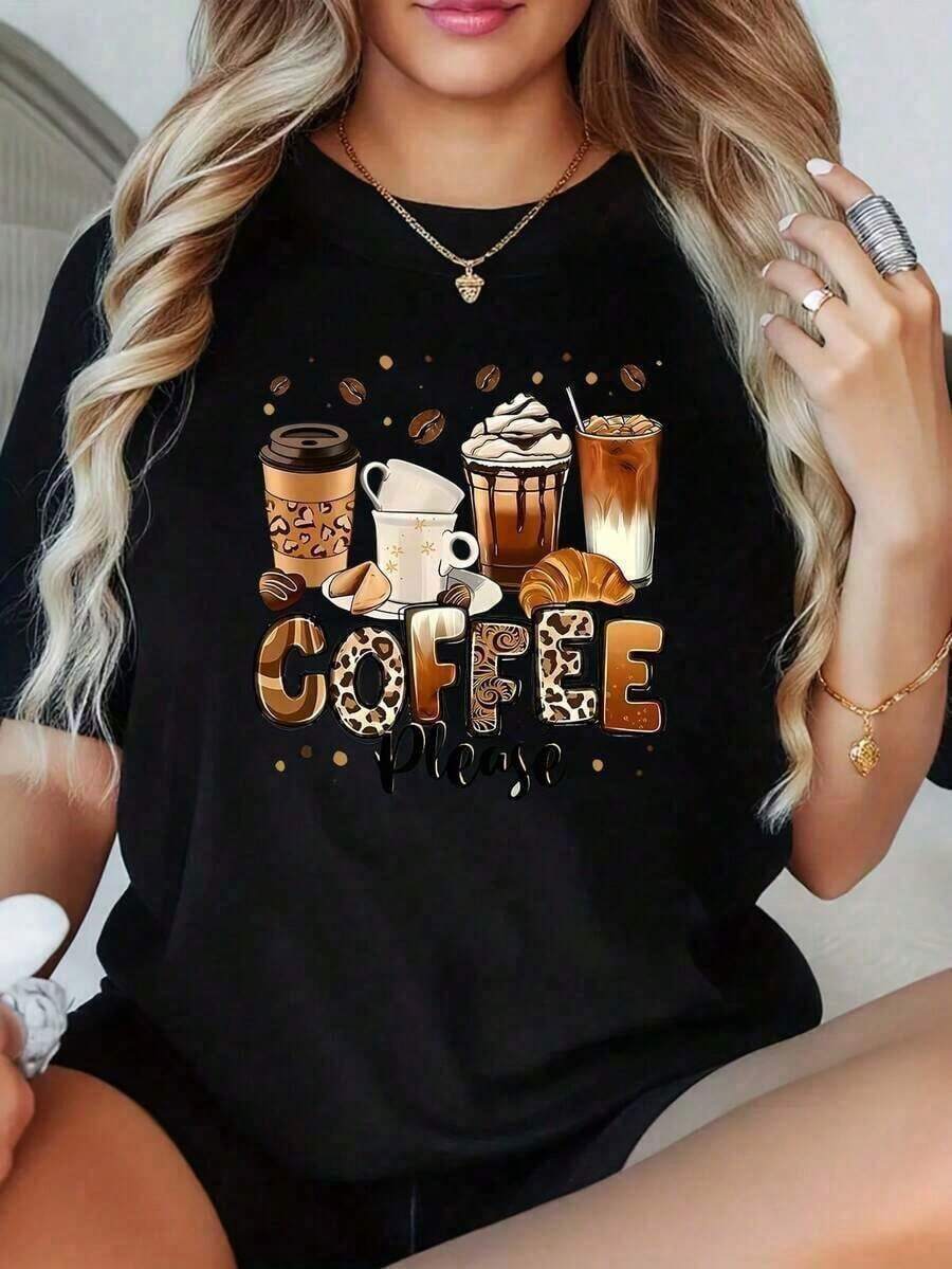 Conjunto para el Día de la Madre: 1 Camiseta de Mujer con Diseño de Café y Cupcake, Talla Grande, Divertida, con Estampado Gráfico, Manga Corta, Novedosa, 100% Poliéster, Cuello Redondo Casual, 180g, tops de mujer - Negro - Ver 1