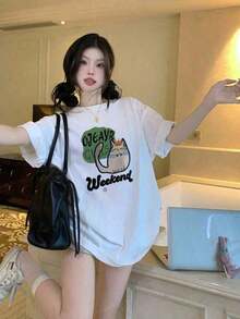 Graphic Short-Sleeve T-Shirt, Casual T-Shirts For Women, Cotton T-Shirts, Summer Tops For Women, Fun Print T-Shirts For Women, Soft And Comfortable T-Shirts For Everyday Wear, Daily Gift, T-Shirt. Summer Top For Women. - 白色 - 查看 1