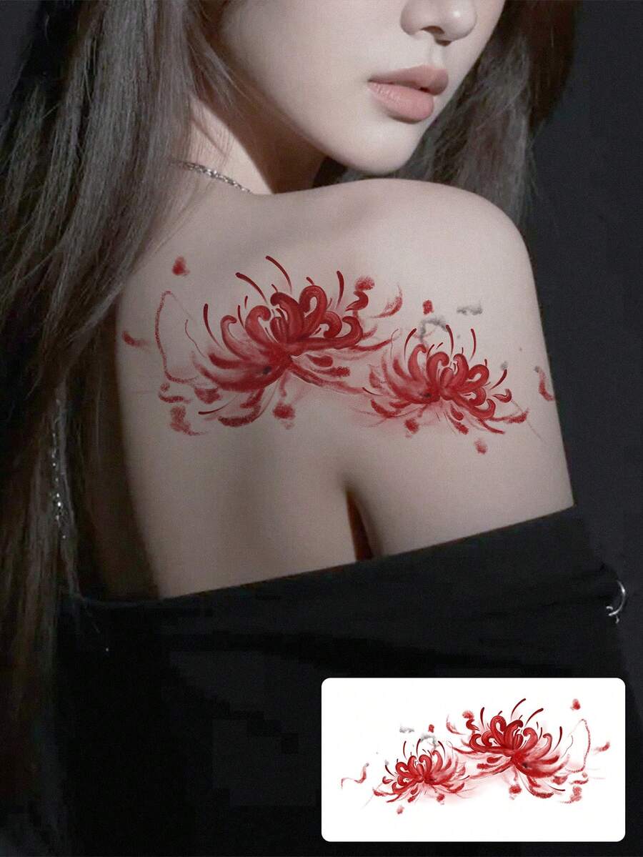 1 pieza Tatuaje temporal de línea de hibisco rojo degradado, decoración personalizada para el hombro, resistente al agua y al sudor, sin decoloración - Multicolor - Ver 1