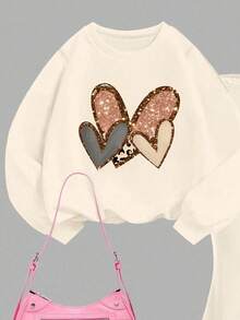 Young Girls Casual Loose Heart Print Sweatshirt Set, Suitable For Autumn/Winter Girls Sports Sweatshirt Set, Young Girls Set For Winter - Apricot - View 6