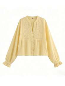 HH Blusa casual de mujer con bordado floral elegante y manga larga calada, primavera/verano - Amarillo - Ver 5